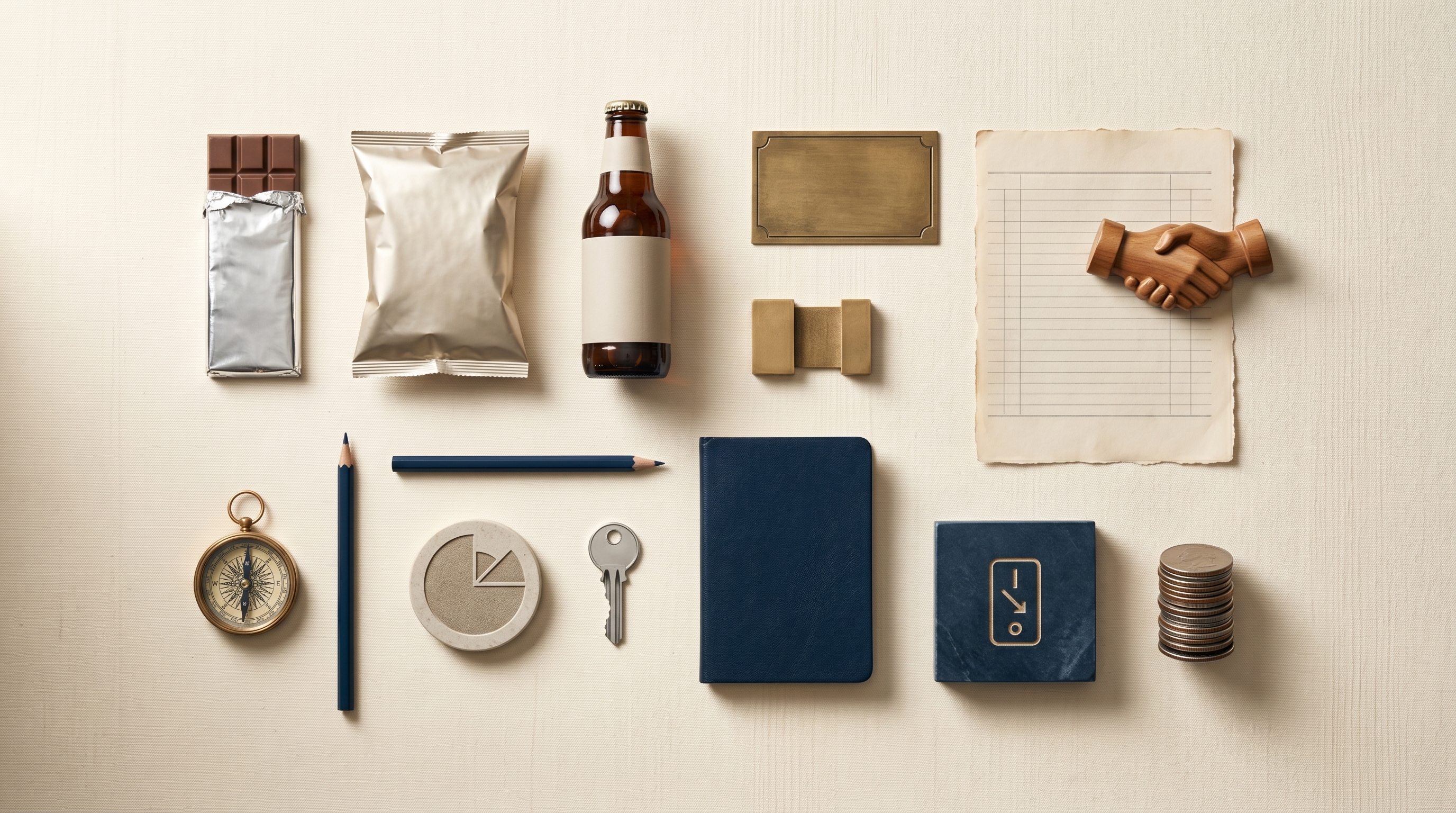 Editorial top-down still life on a warm cream surface — wood, neutral props, papers, and tools that read as a vending-distributor introduction kit, lit by soft directional natural light.